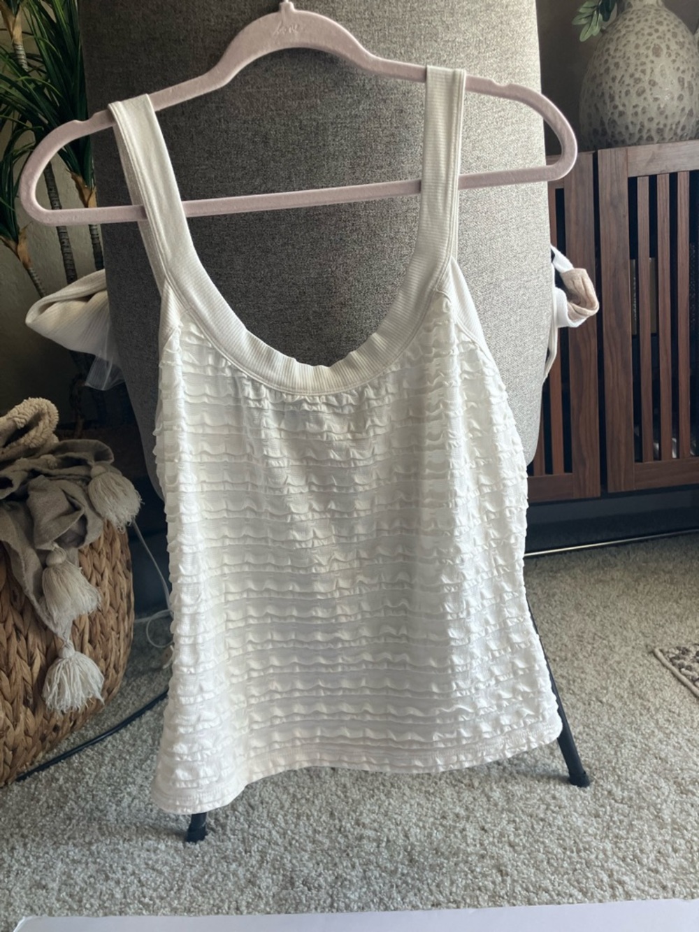 Anthropologie White/Cream Ruffle-Trim Tank Top